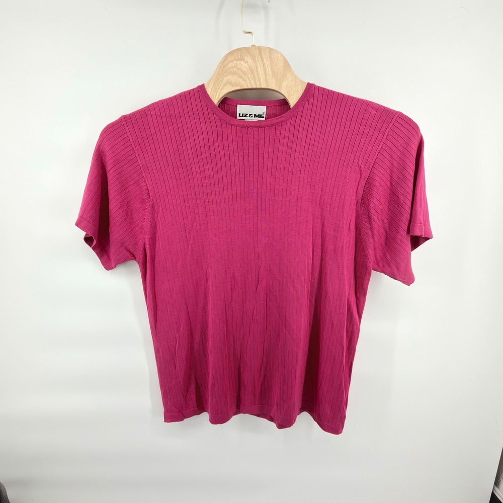 Liz & Me Silk Ribbed Knit Top Womens 1X Magenta Pink Short‎ Sleeve Crew Neck